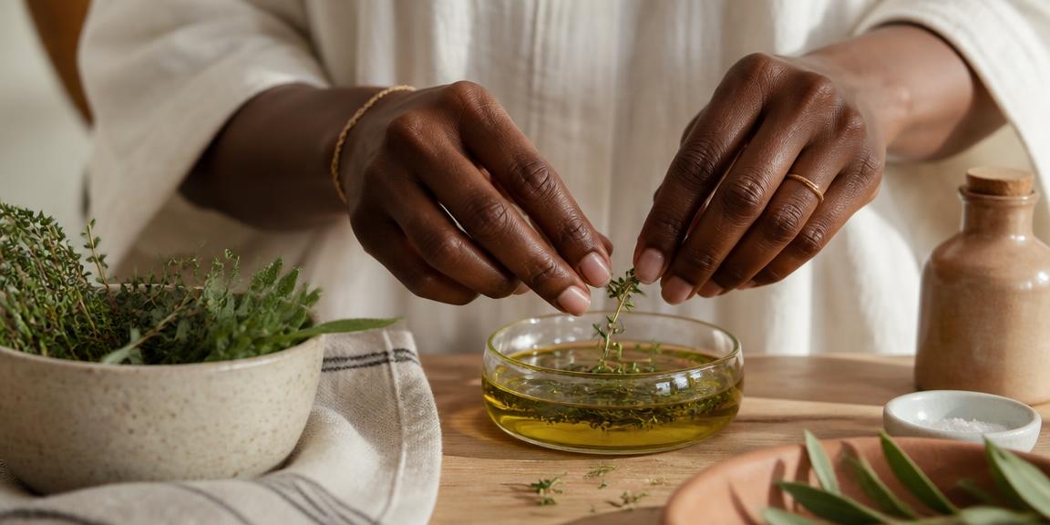 A Black woman's hands gently preparing fresh herbs and olive oil