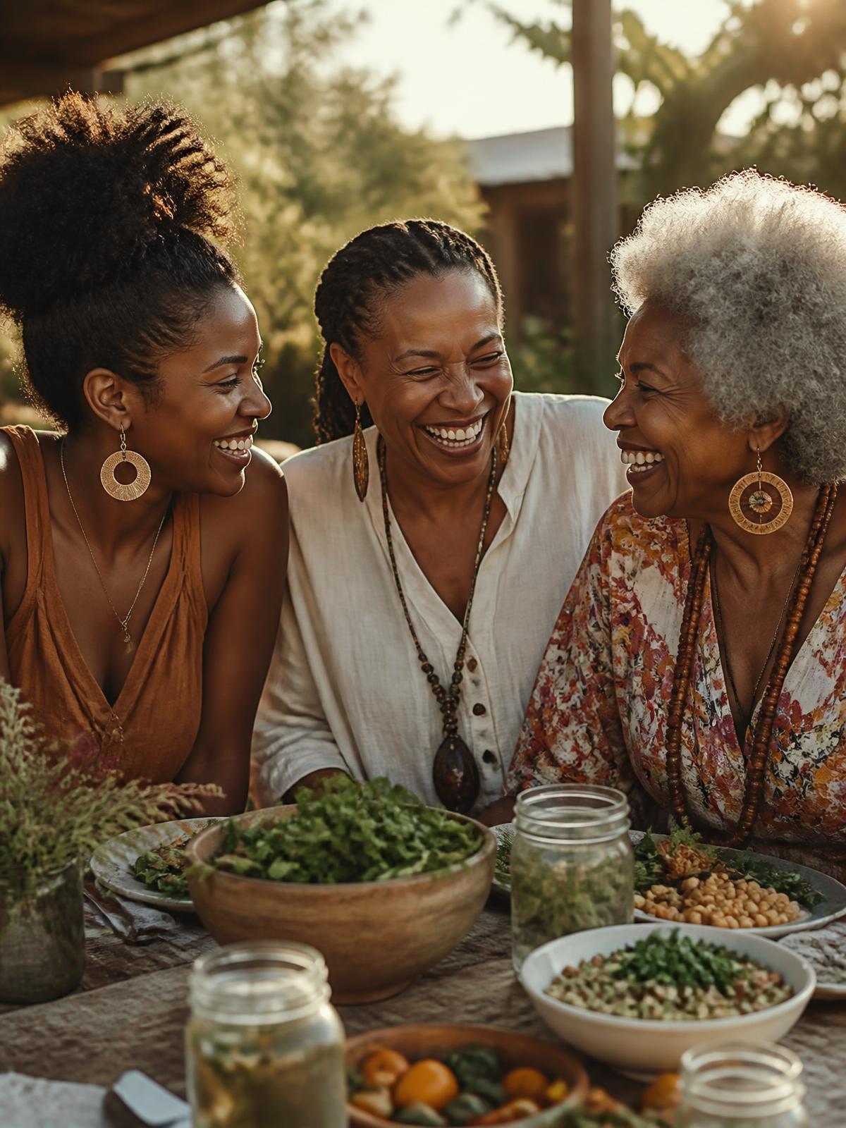Three Black women of different generations laughing together around an outdoor table